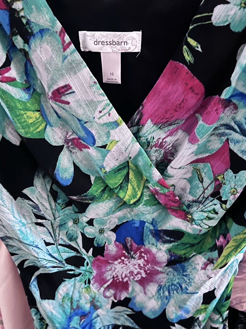 dressbarn Black Floral Dress with Teal, Magenta & Blue Accents